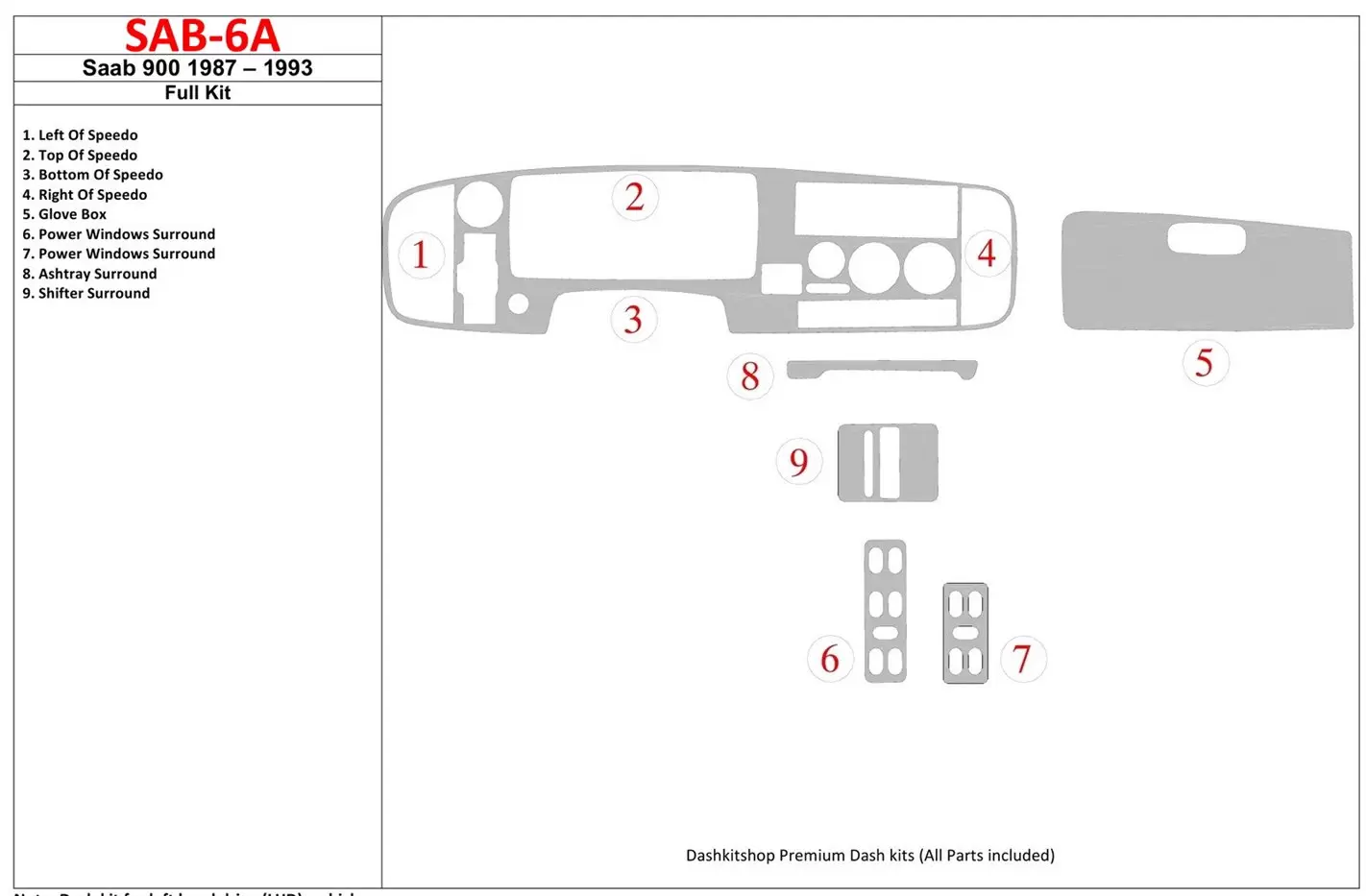 Saab 900 1987-1993 Ensemble Complet BD Kit la décoration du tableau de bord - 1 - habillage decor de tableau de bord