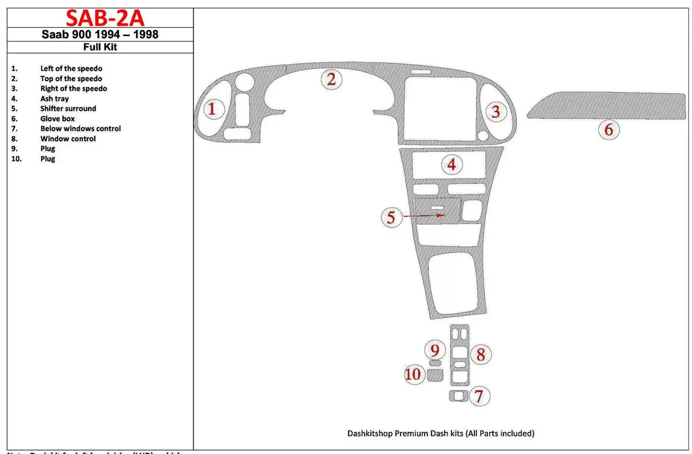 Saab 900 1994-1998 Ensemble Complet, 10 Parts set BD Kit la décoration du tableau de bord - 1 - habillage decor de tableau de bo