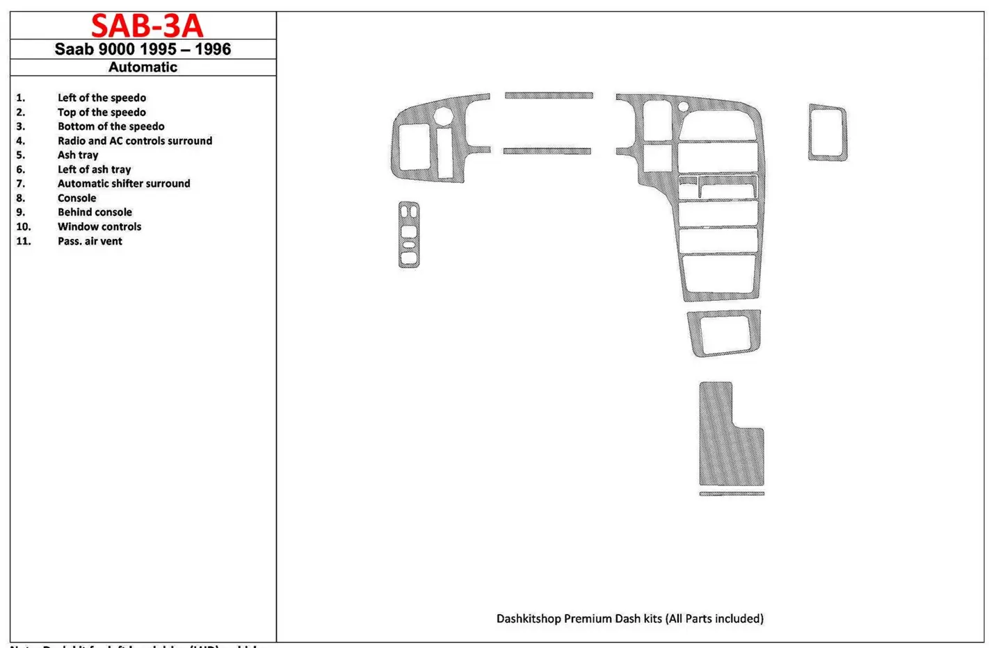 Saab 9000 1987-1994 Boîte automatique 12 Parts set BD Kit la décoration du tableau de bord - 1 - habillage decor de tableau de b