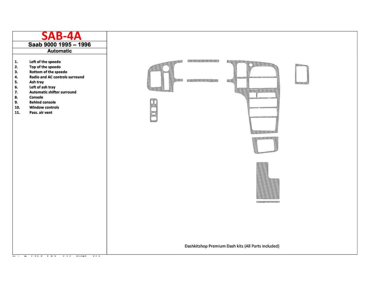 Saab 9000 1995-1996 Boîte automatique, 11 Parts set BD Kit la décoration du tableau de bord - 1 - habillage decor de tableau de 