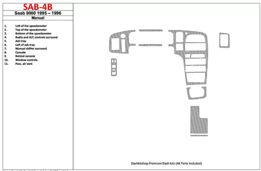 Saab 9000 1995-1996 boîte manuellebox, 11 Parts set BD Kit la décoration du tableau de bord - 1 - habillage decor de tableau de 