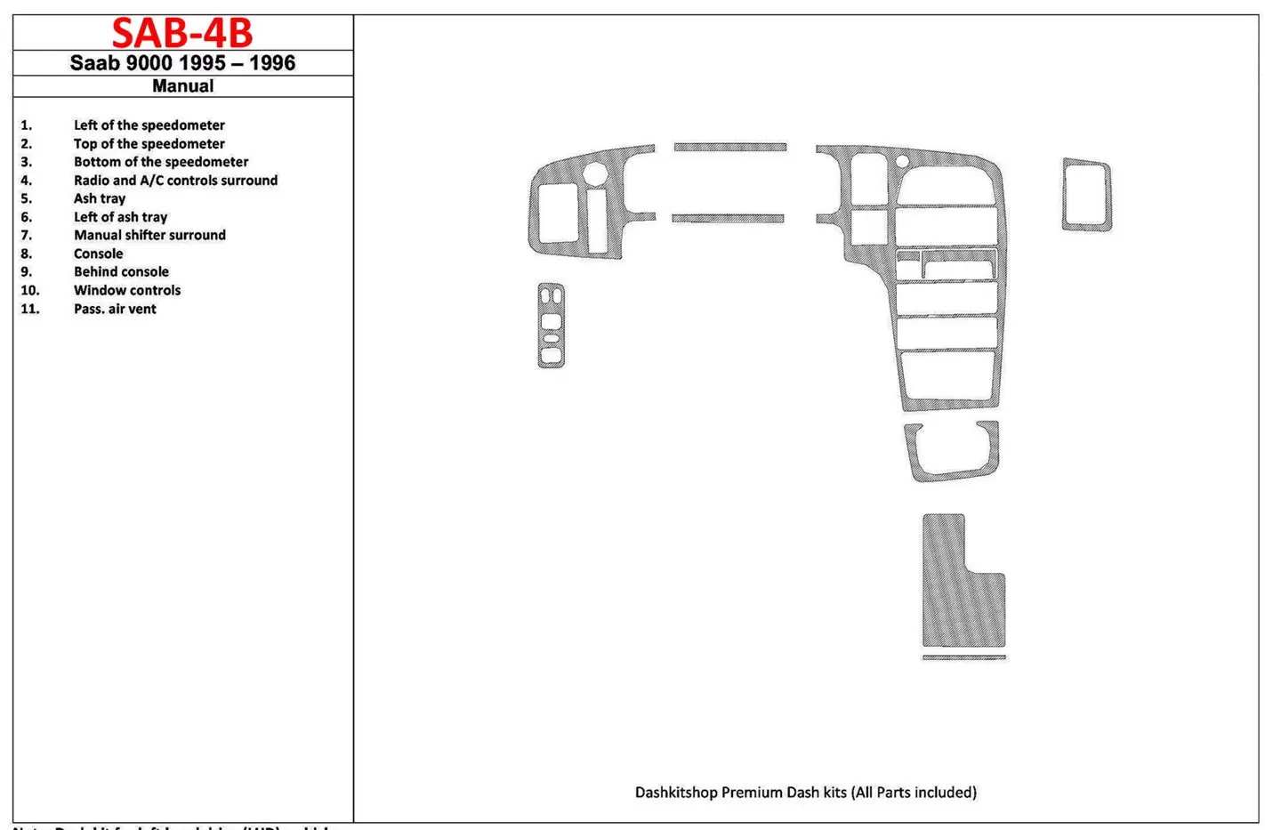 Saab 9000 1995-1996 boîte manuellebox, 11 Parts set BD Kit la décoration du tableau de bord - 1 - habillage decor de tableau de 