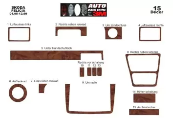 Skoda Felicia 01.95-12.99 3M 3D Interior Dashboard Trim Kit Dash Trim Dekor 15-Parts