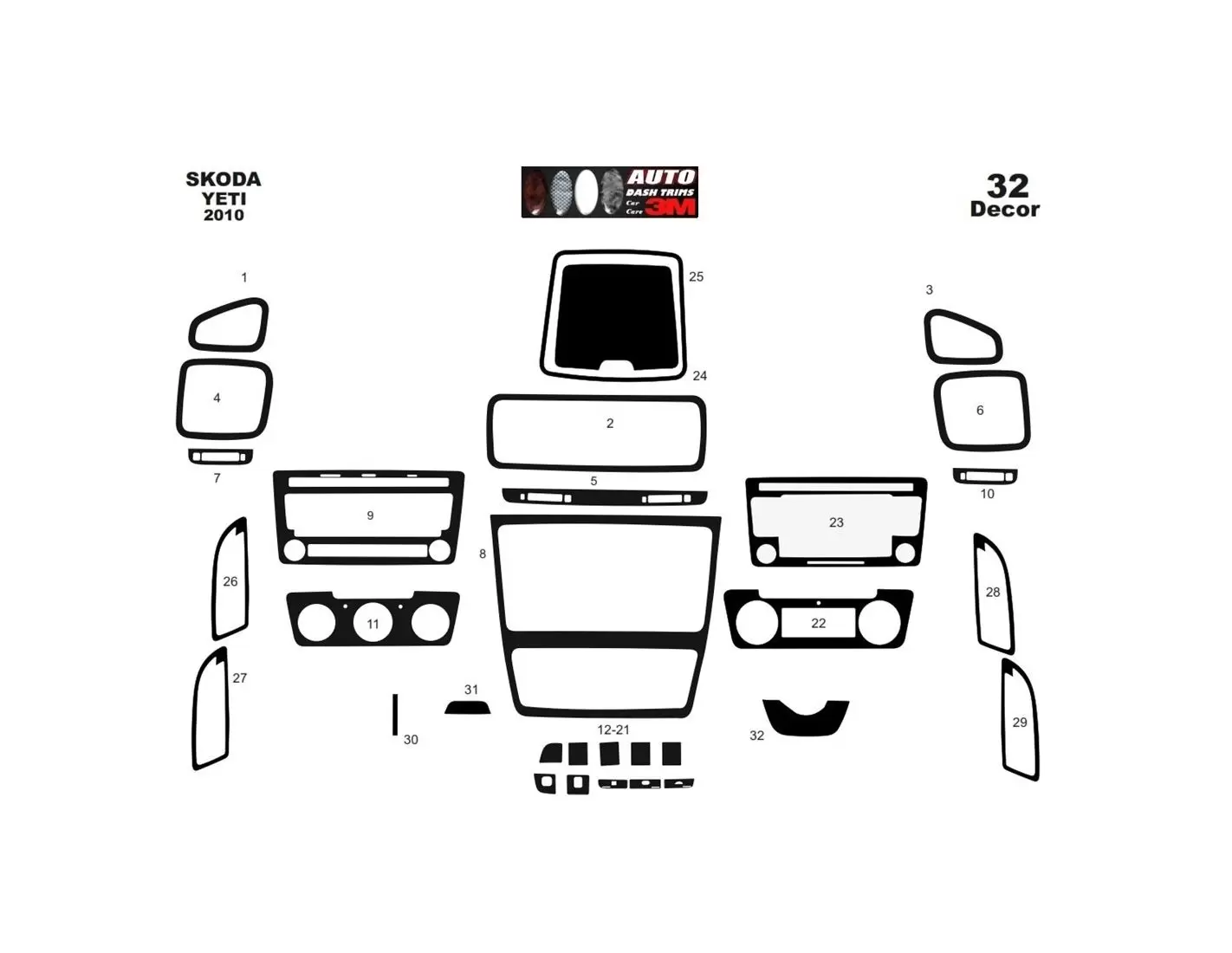 Skoda Yeti 01.2010 3M 3D Interior Dashboard Trim Kit Dash Trim Dekor 36-Parts