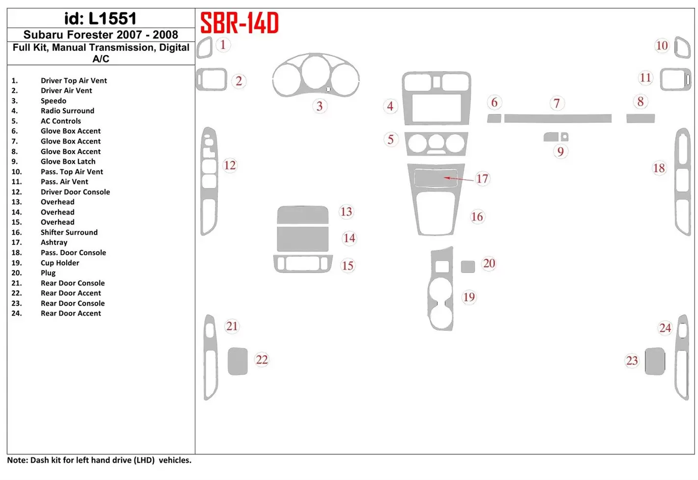 Subaru Forester 2007-2008 Full Set, Manual Gear Box, Automatic AC BD Interieur Dashboard Bekleding Volhouder