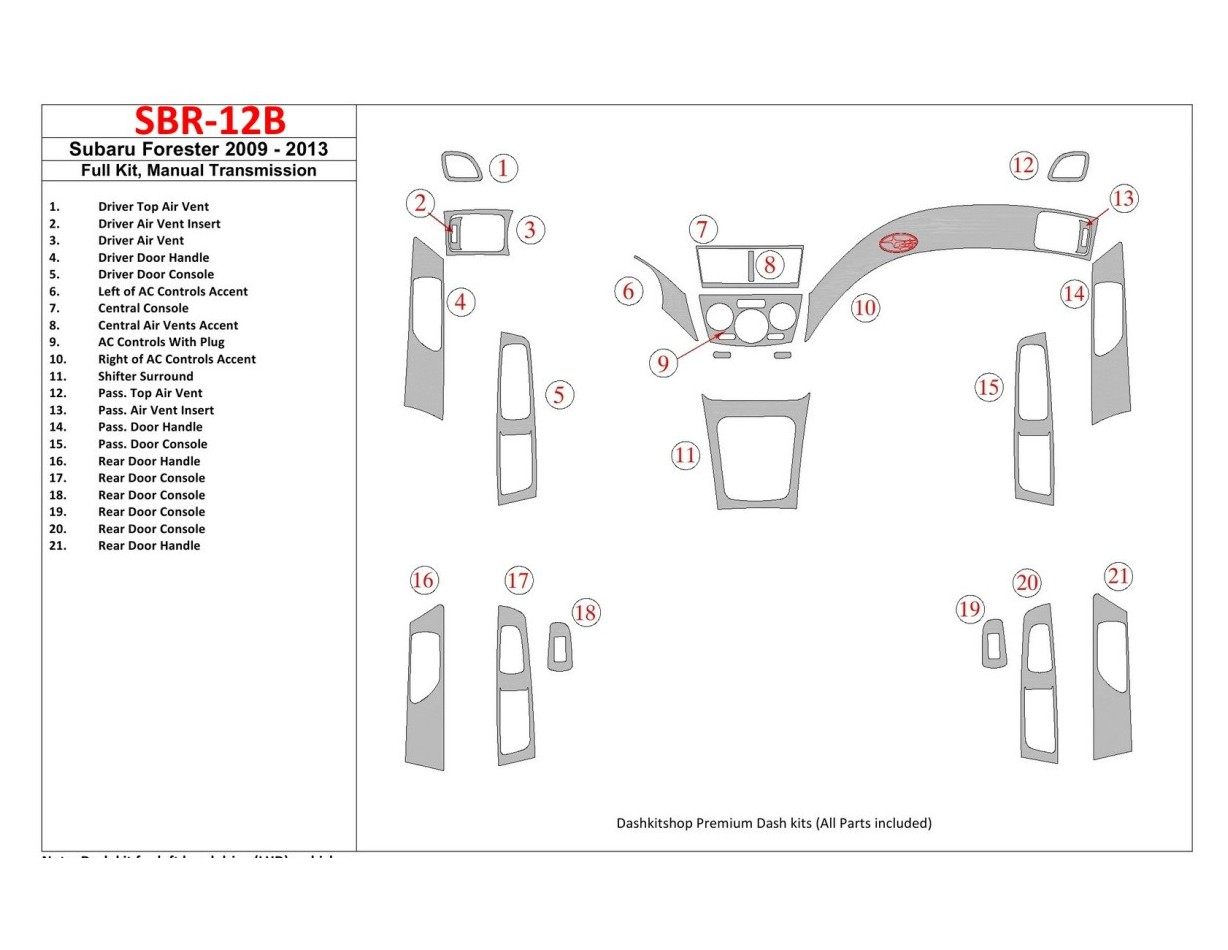 Subaru Forester 2009-UP Full Set, Manual Gear Box Interior BD Dash Trim Kit