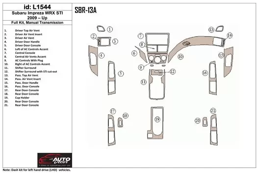 Subaru Impreza 2009-UP Full Set, Manual Gear Box BD Interieur Dashboard Bekleding Volhouder