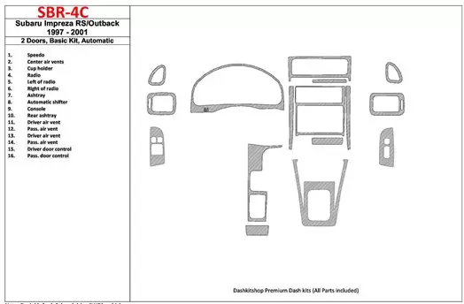 Subaru Impreza RS 1997-UP 2 Doors, Automatic Gearbox, Basic Set, 16 Parts set Cruscotto BD Rivestimenti interni