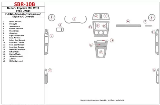 Subaru Impreza WRX 2005-2008 Ensemble Complet, Boîte automatique, Contrôle Aut la climatisation BD Kit la décoration du tableau 