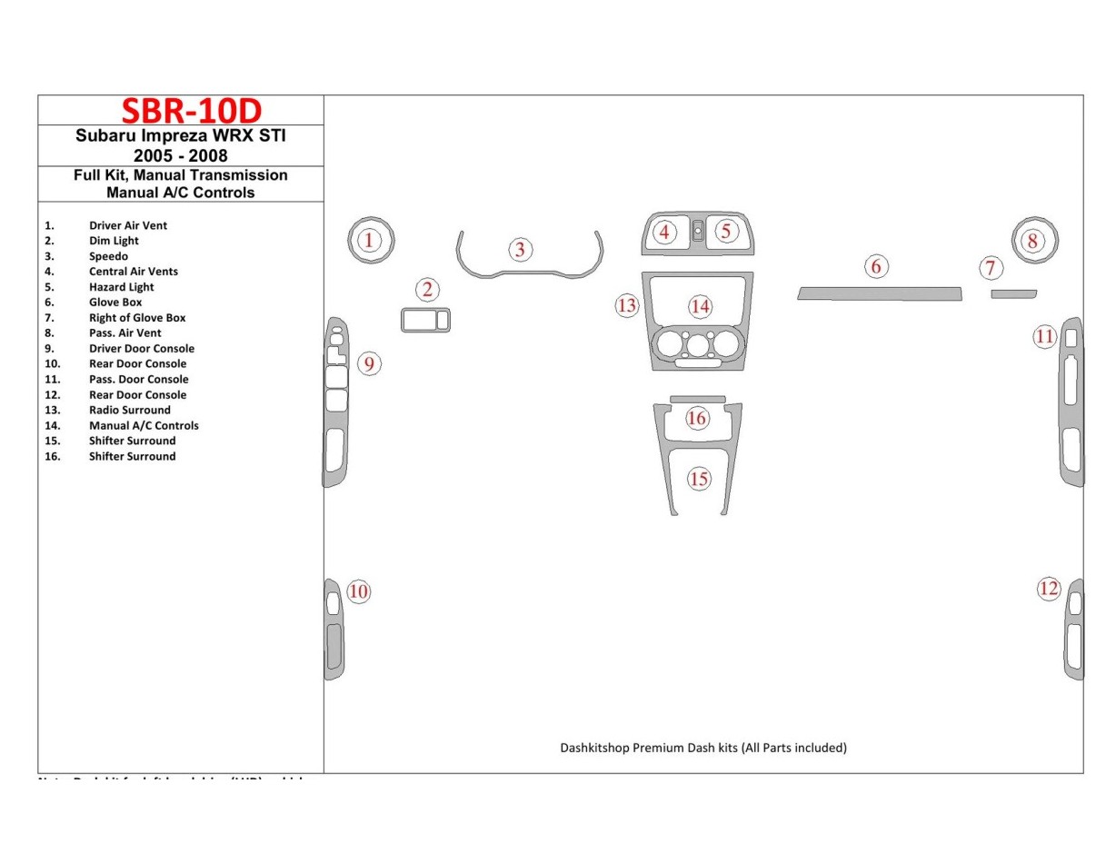 Subaru Impreza WRX 2005-2008 Ensemble Complet, boîte manuelle Box, boîte manuellebox AC Control BD Kit la décoration du tableau 