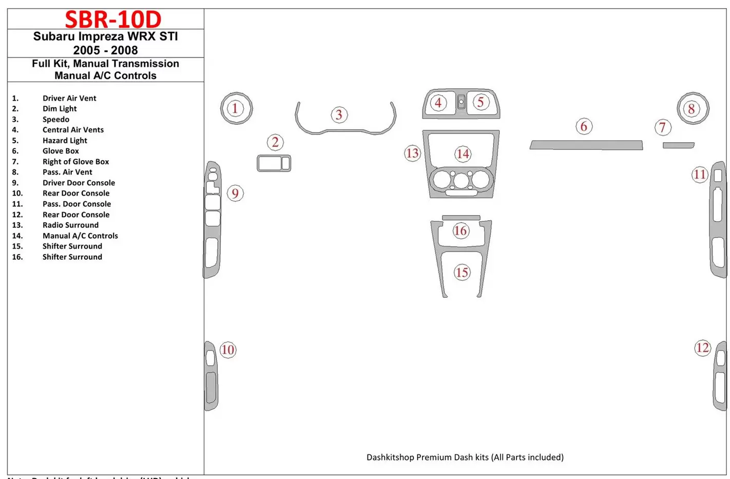 Subaru Impreza WRX 2005-2008 Ensemble Complet, boîte manuelle Box, boîte manuellebox AC Control BD Kit la décoration du tableau 