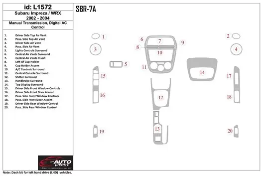 Subaru Impreza/WRX 2002-2004 Manual Gear Box, Automatic AC Control Cruscotto BD Rivestimenti interni