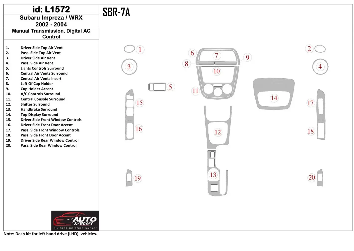 Subaru Impreza/WRX 2002-2004 Manual Gear Box, Automatic AC Control Interior BD Dash Trim Kit