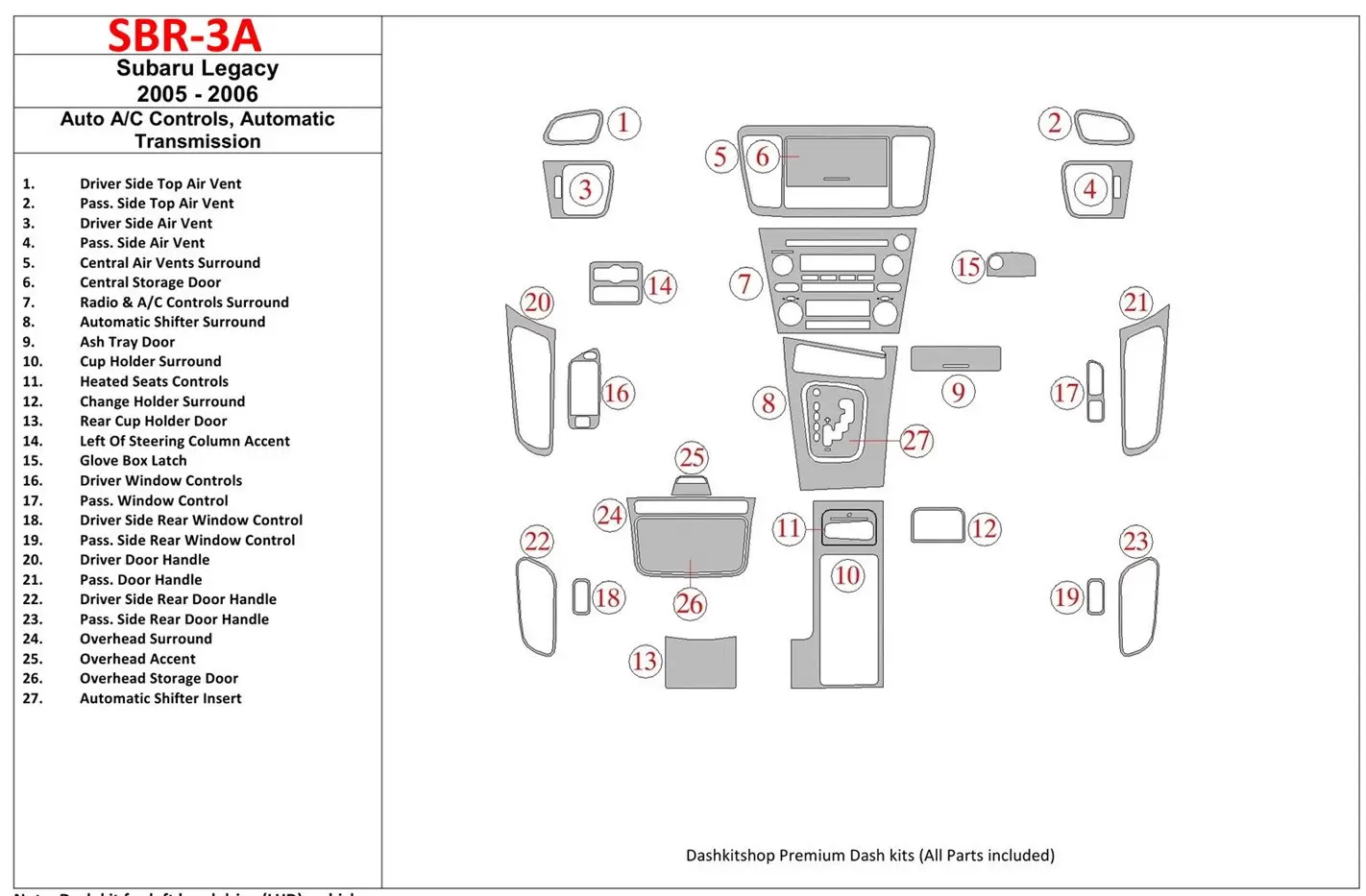 Subaru Legacy 2005-2006 Auto AC Control, Boîte automatique BD Kit la décoration du tableau de bord - 1 - habillage decor de tabl