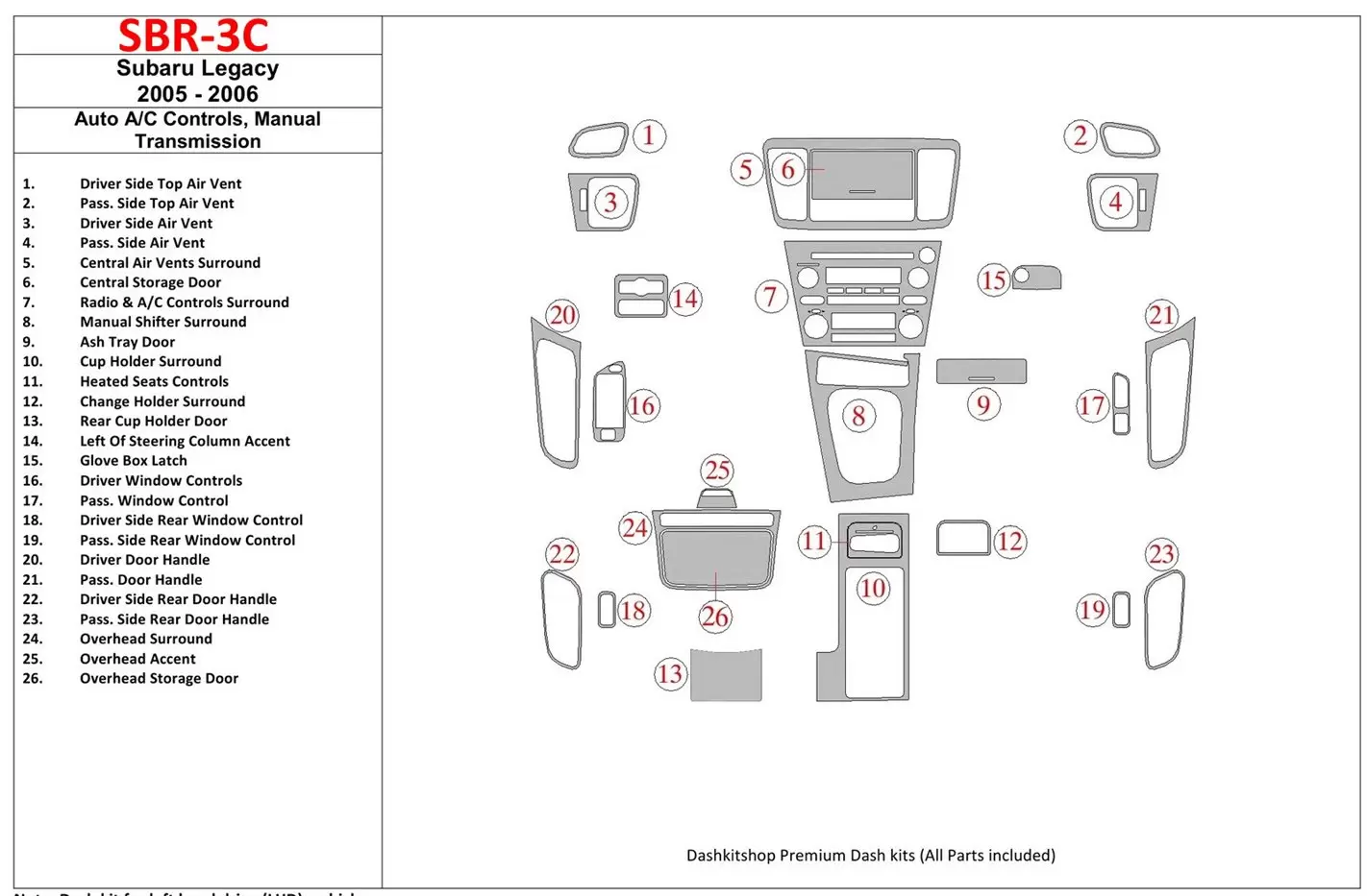 Subaru Legacy 2005-2006 Auto AC Control, Manual Gear Box BD Interieur Dashboard Bekleding Volhouder