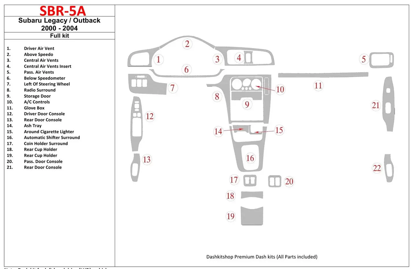 Subaru Legacy Outback 2000-2004 Sans OEM Wood Kit BD Kit la décoration du tableau de bord - 1 - habillage decor de tableau de bo