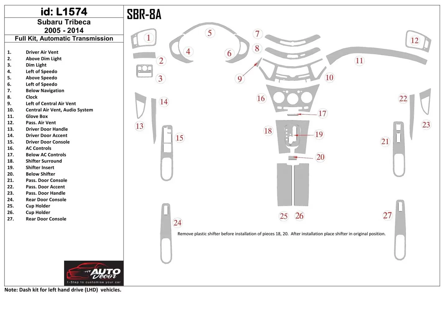 Subaru Tribeca 2006-UP Voll Satz, Automatic Gear BD innenausstattung armaturendekor cockpit dekor - 1- Cockpit Dekor Innenraum