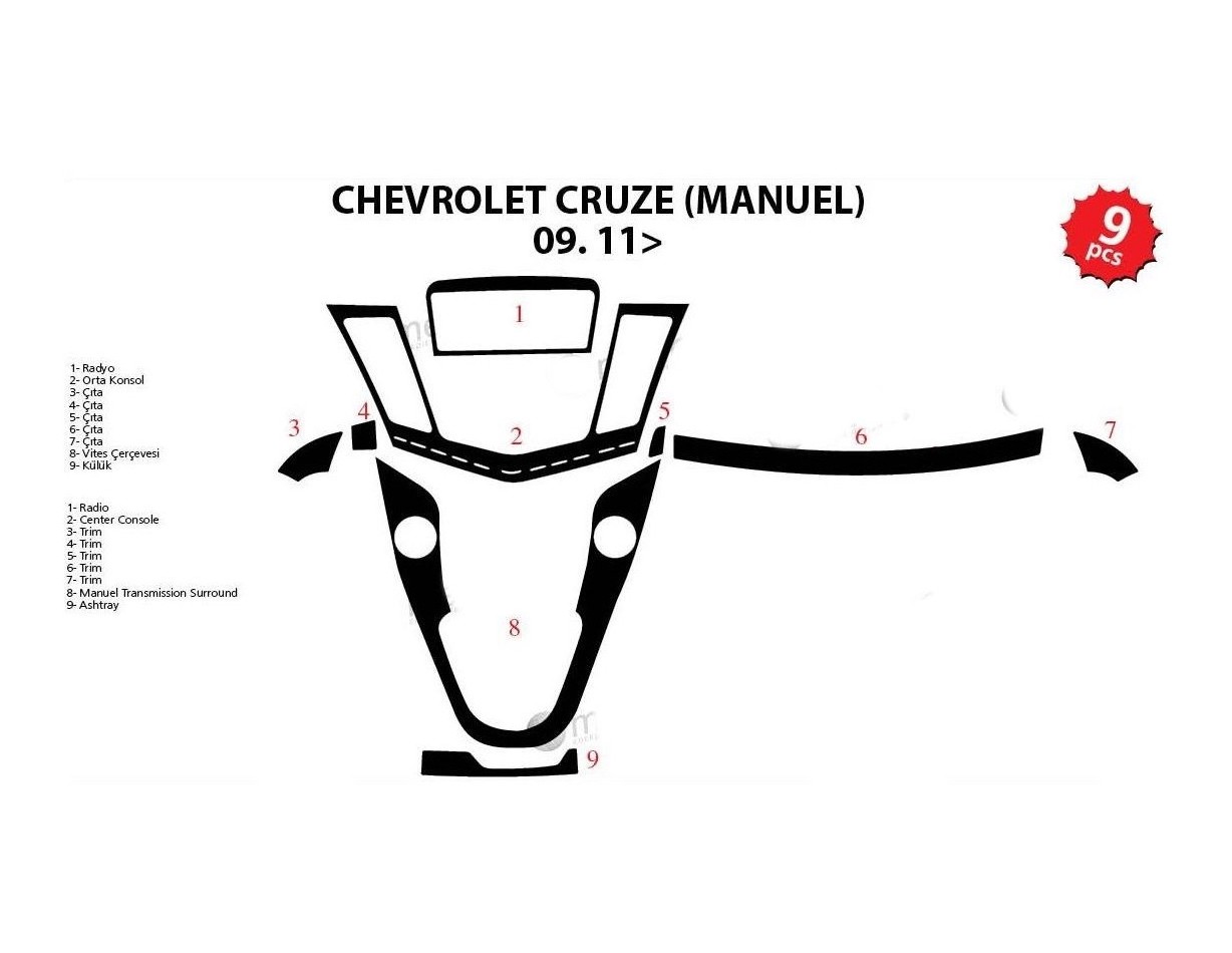 Chevrolet Cruse Manuel 2009 Mittelkonsole Armaturendekor Cockpit Dekor 9-Teilige - 1- Cockpit Dekor Innenraum
