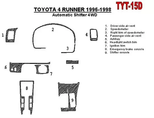 Toyota 4 Runner 1996-1998 Automatic Gearbox, 4WD, OEM Compliance, 10 Parts set BD Interieur Dashboard Bekleding Volhouder