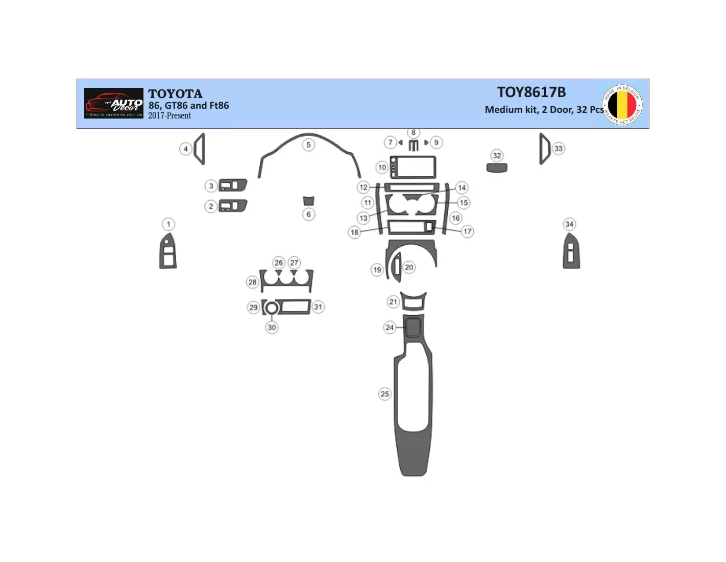 Toyota 86 2017-2021 3D Inleg dashboard Interieurset aansluitend en pasgemaakt op he 32 -Teile