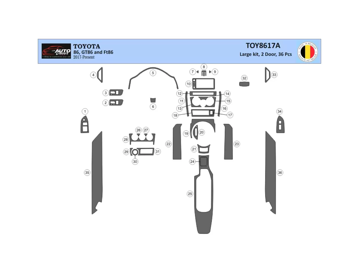 Toyota 86 2017-2021 Kit la décoration du tableau de bord 36-Pièce - 1 - habillage decor de tableau de bord