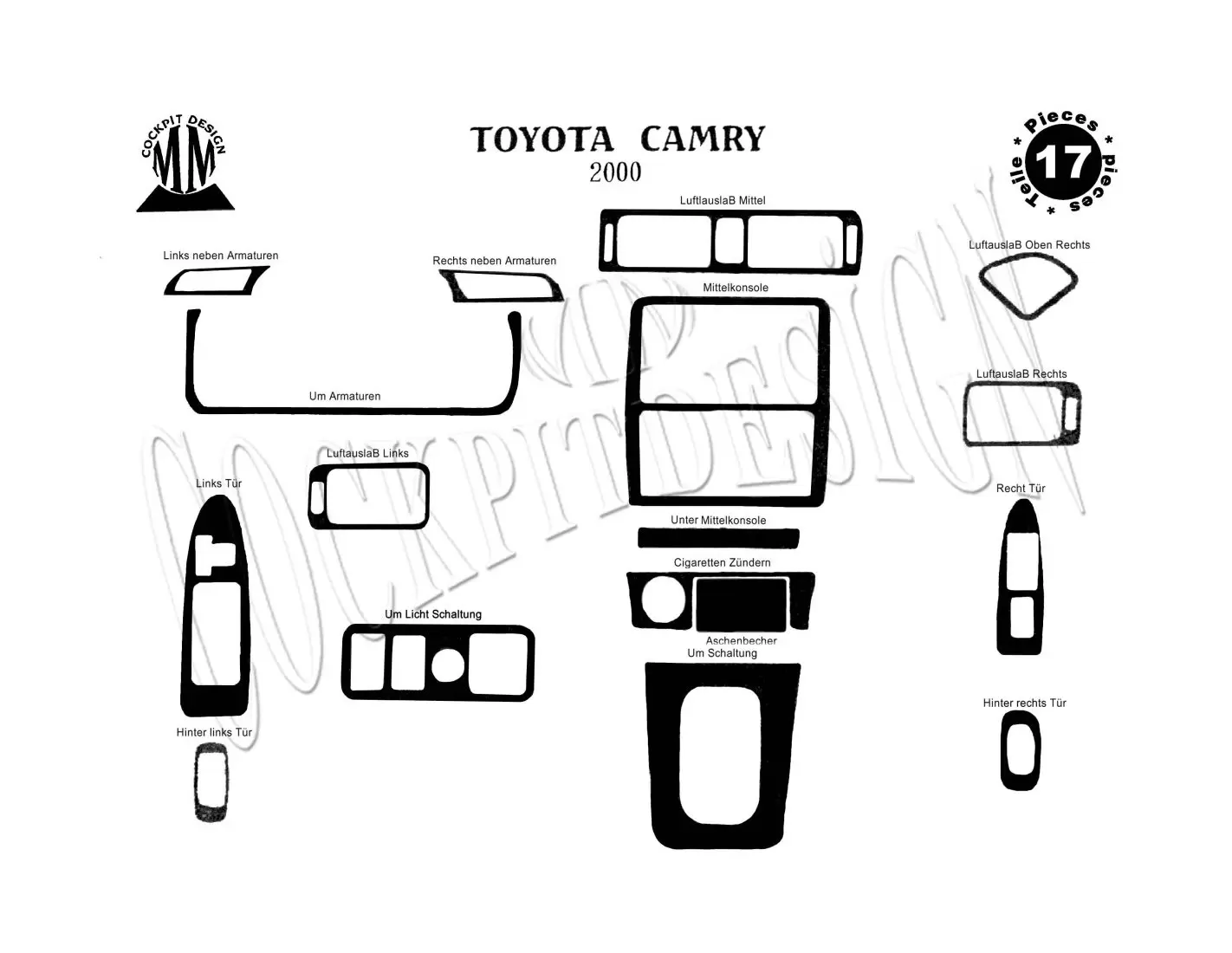 Toyota Camry 01.00 - 12.02 Kit Rivestimento Cruscotto all'interno del veicolo Cruscotti personalizzati 17-Decori