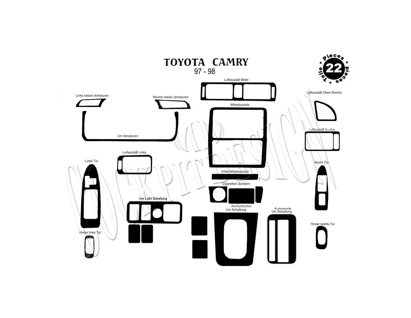 Toyota Camry 12.97 - 12.99 3D Inleg dashboard Interieurset aansluitend en pasgemaakt op he 24 -Teile
