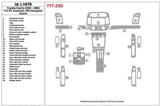 Toyota Camry 2002-2004 Full Set, Automatic Gear, With NAVI system, Without OEM BD Interieur Dashboard Bekleding Volhouder