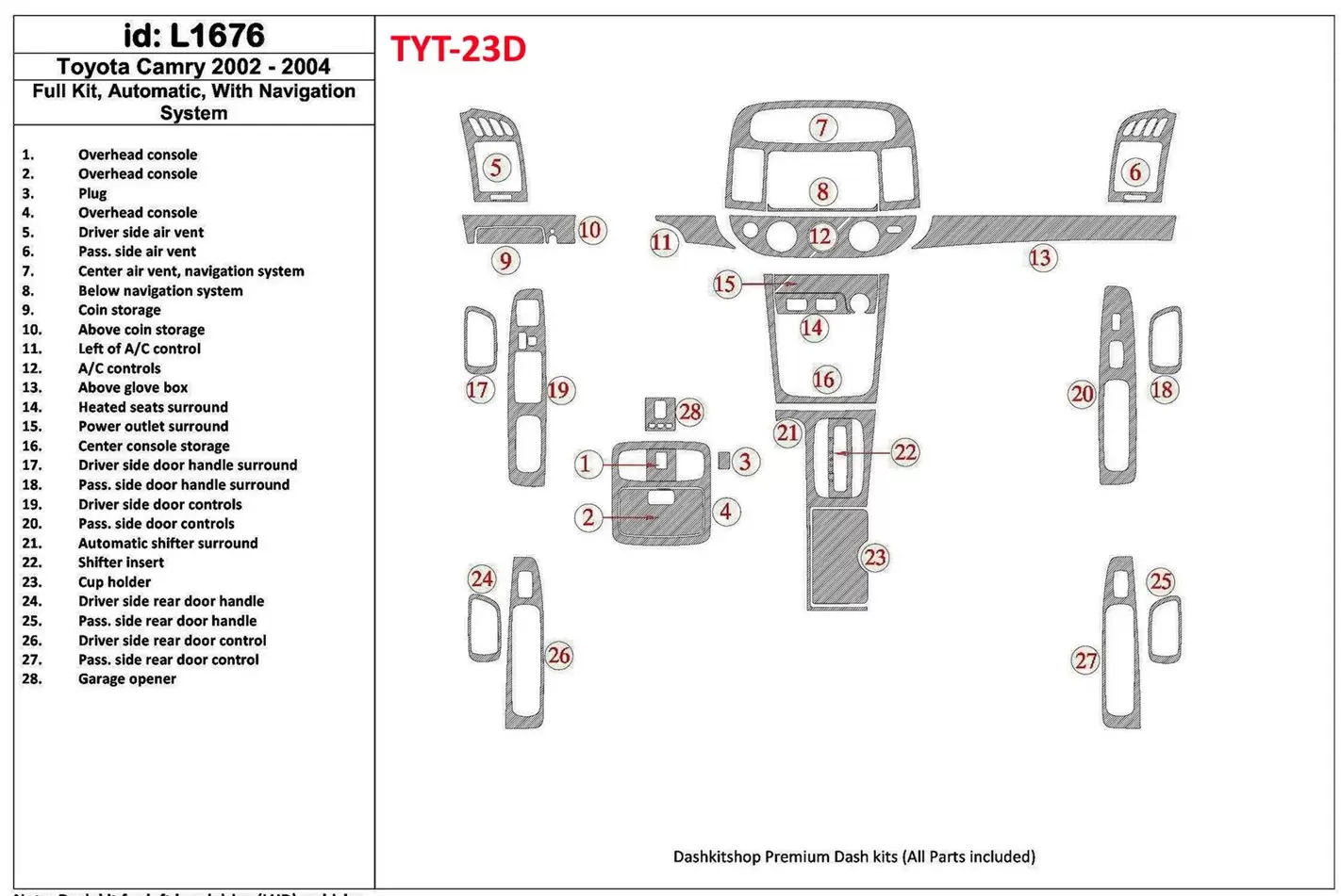 Toyota Camry 2002-2004 Full Set, Automatic Gear, With NAVI system, Without OEM BD Interieur Dashboard Bekleding Volhouder