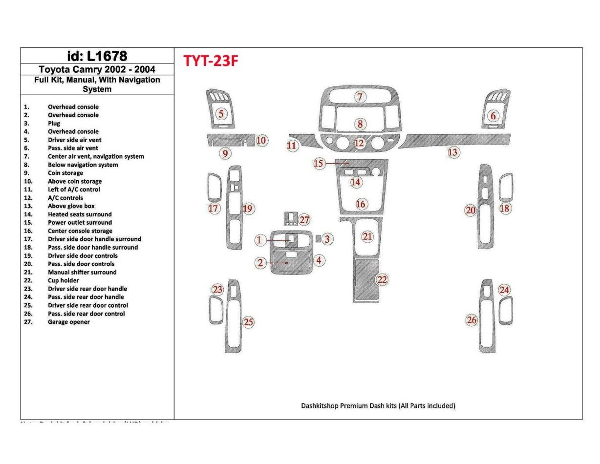 Toyota Camry 2002-2004 Voll Satz, Manual Gear Box, With NAVI system, Without OEM BD innenausstattung armaturendekor cockpit deko