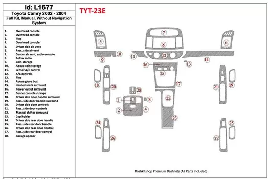 Toyota Camry 2002-2004 Full Set, Manual Gear Box, Without NAVI system, Without OEM BD Interieur Dashboard Bekleding Volhouder