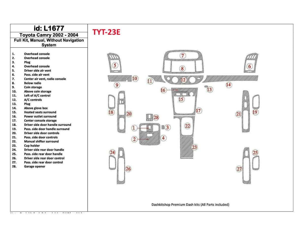 Toyota Camry 2002-2004 Ensemble Complet, boîte manuelle Box, Sans NAVI system, Sans OEM BD Kit la décoration du tableau de bord 
