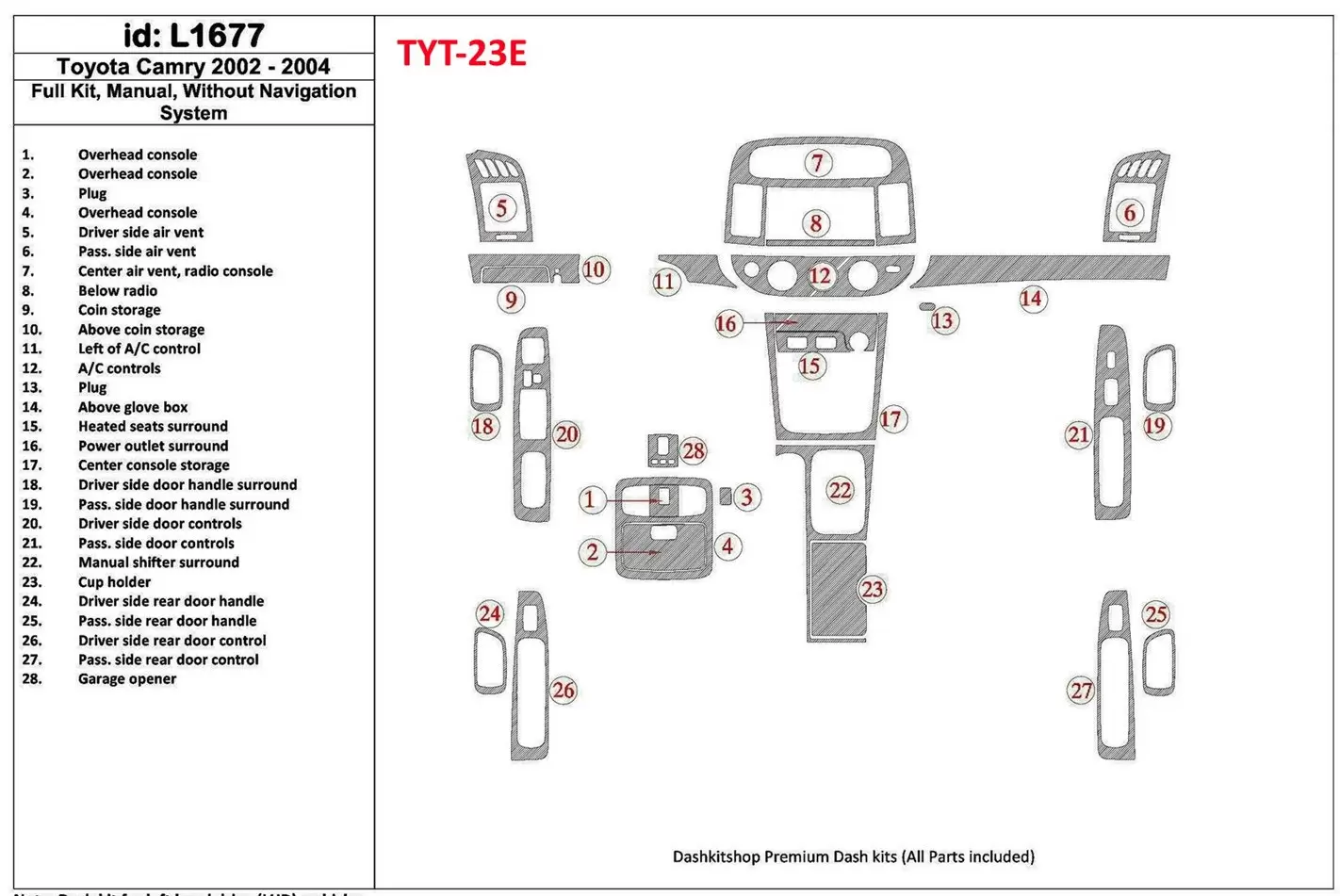 Toyota Camry 2002-2004 Voll Satz, Manual Gear Box, Without NAVI system, Without OEM BD innenausstattung armaturendekor cockpit d