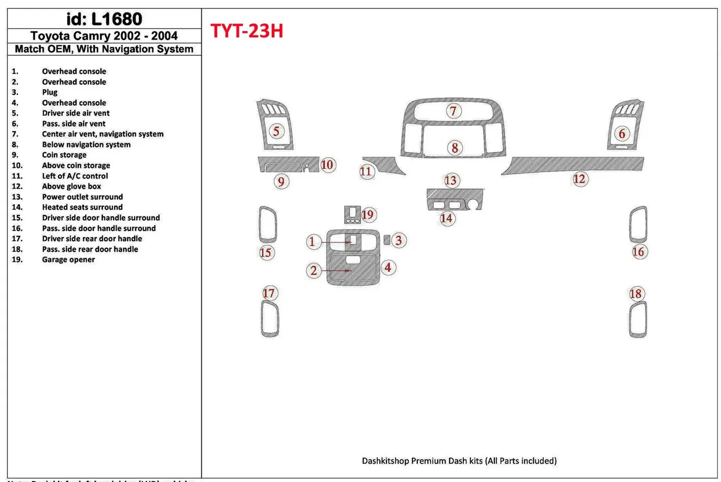 Toyota Camry 2002-2004 OEM Compliance, With NAVI system BD Interieur Dashboard Bekleding Volhouder