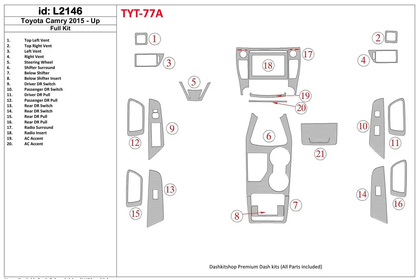 Toyota Camry 2015-UP Full Set Interior BD Dash Trim Kit