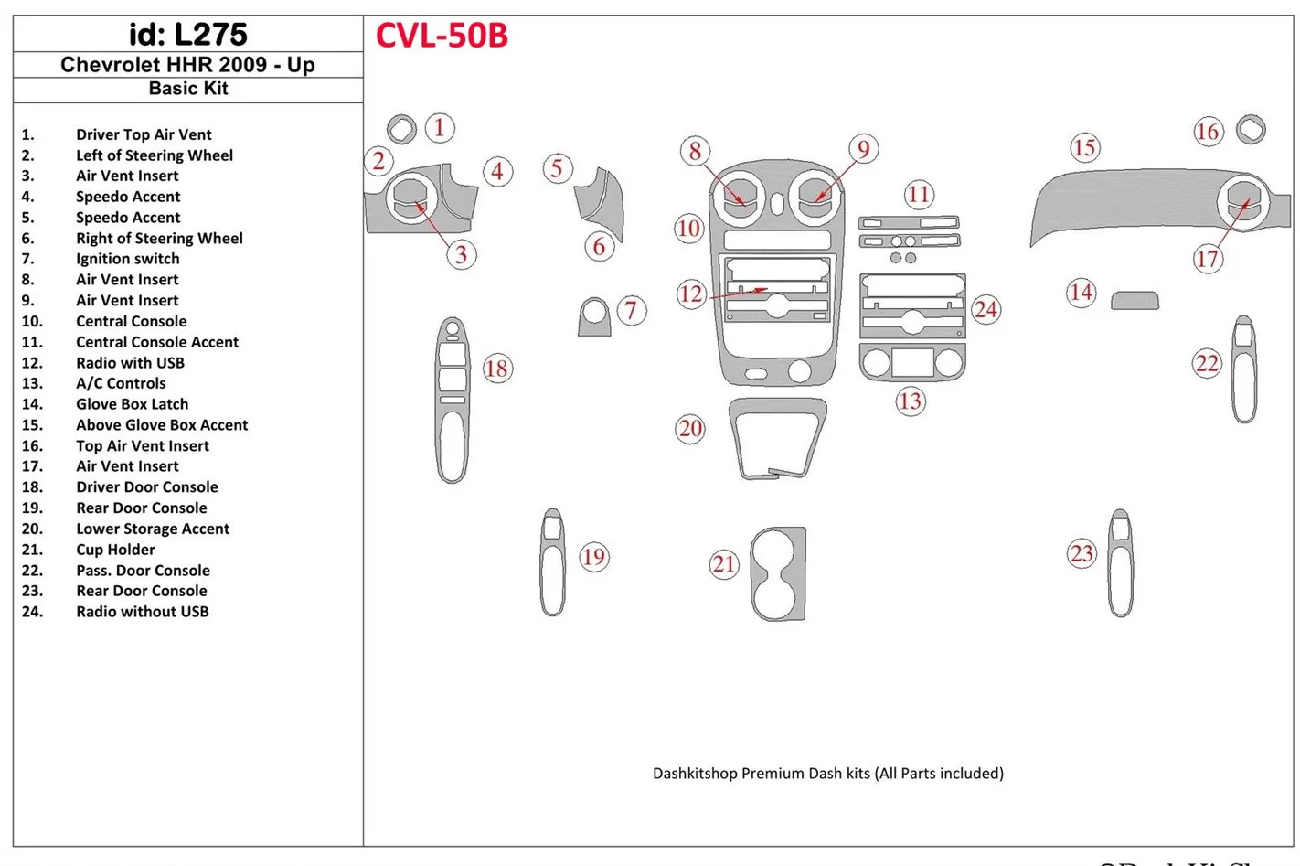 Chevrolet HHR 2009-UP Basic Set Cruscotto BD Rivestimenti interni