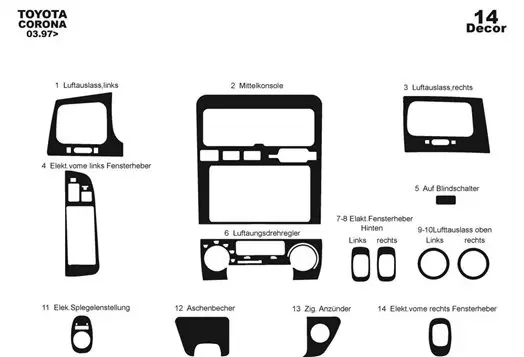 Toyota Corolla 03.97 - 02.02 Kit Rivestimento Cruscotto all'interno del veicolo Cruscotti personalizzati 14-Decori