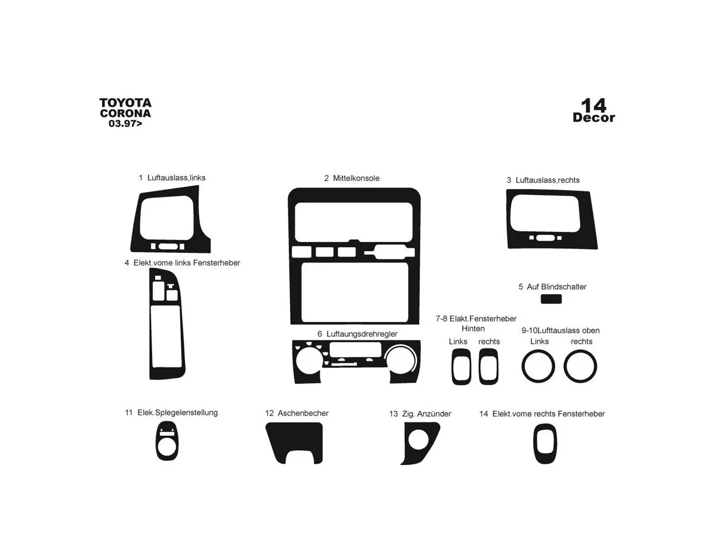 Toyota Corolla 97-02 Kit la décoration du tableau de bord 14-Pièce - 1 - habillage decor de tableau de bord