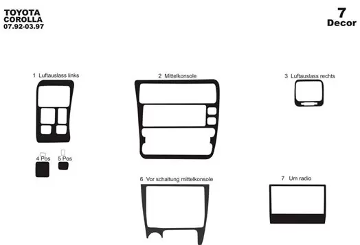 Toyota Corolla 92-97 Mittelkonsole Armaturendekor Cockpit Dekor 7-Teilige - 1- Cockpit Dekor Innenraum