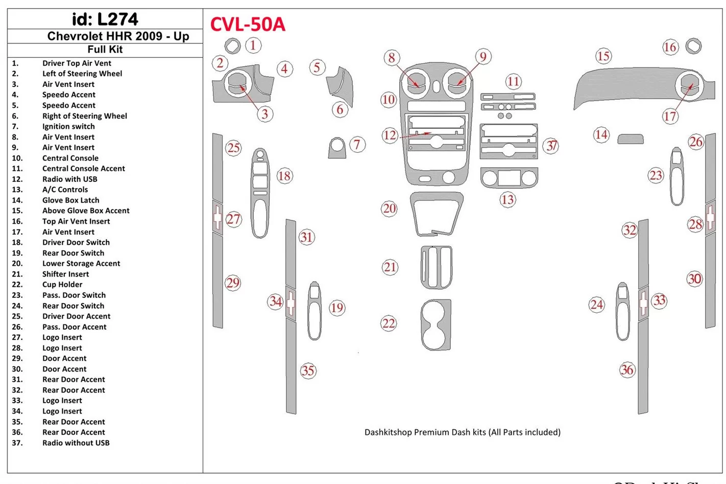 Chevrolet HHR 2009-UP Full Set Cruscotto BD Rivestimenti interni