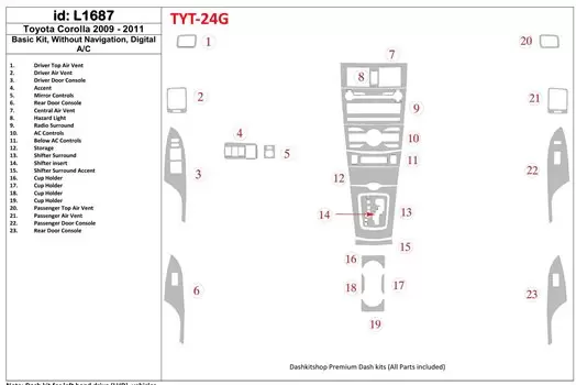 Toyota Corolla 2009-UP Paquet de base, Sans NAVI, Automatic AC BD Kit la décoration du tableau de bord - 1 - habillage decor de 