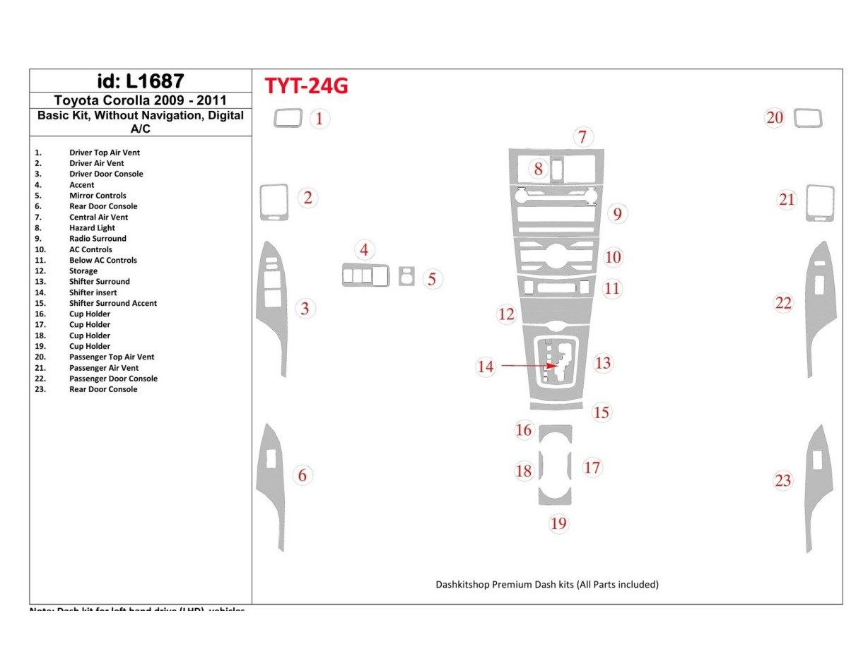 Toyota Corolla 2009-UP Basic Set, Without NAVI, Automatic AC BD Interieur Dashboard Bekleding Volhouder