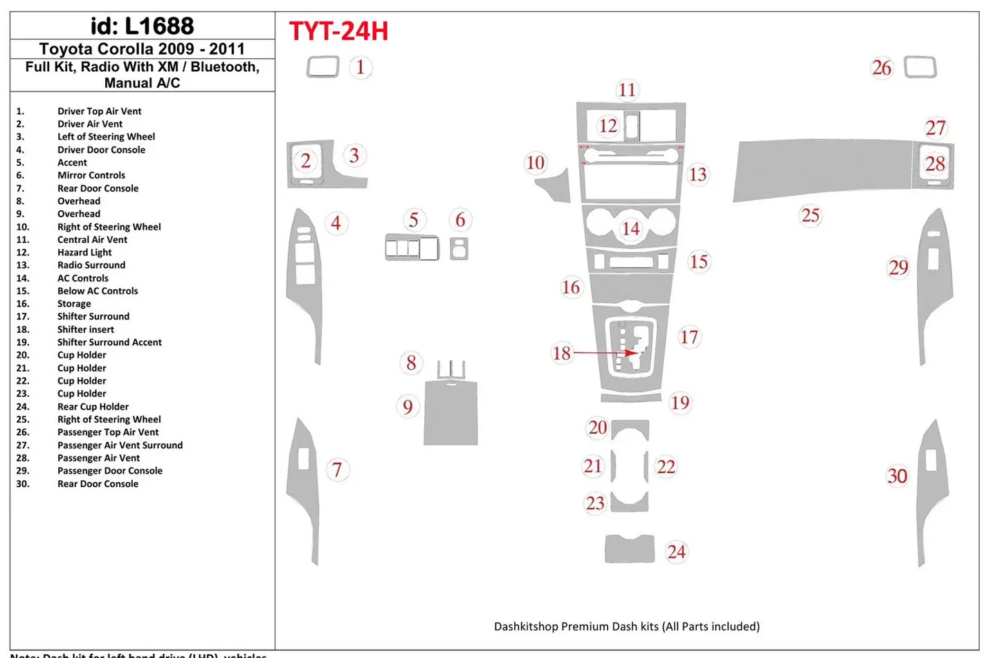 Toyota Corolla 2009-UP Voll Satz, Radio With Bluetooth, Manual Gearbox AC BD innenausstattung armaturendekor cockpit dekor - 1- 