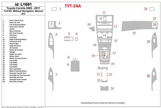 Toyota Corolla 2009-UP Ensemble Complet, Sans NAVI BD Kit la décoration du tableau de bord - 1 - habillage decor de tableau de b