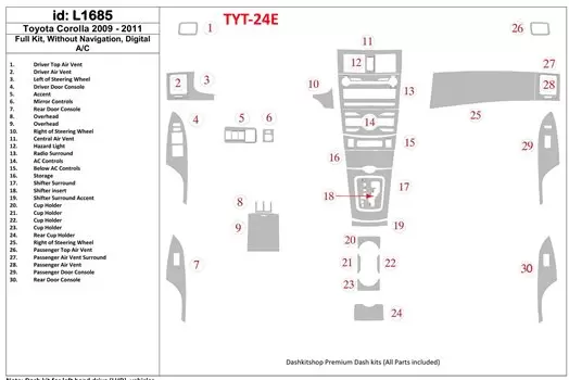 Toyota Corolla 2009-UP Full Set, Without NAVI, Automatic AC Interior BD Dash Trim Kit