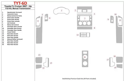 Toyota FJ Cruiser 2007-UP Full Set, Manual Gear Box BD Interieur Dashboard Bekleding Volhouder