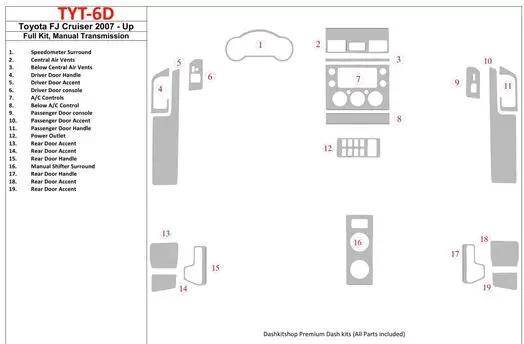 Toyota FJ Cruiser 2007-UP Full Set, Manual Gear Box Interior BD Dash Trim Kit