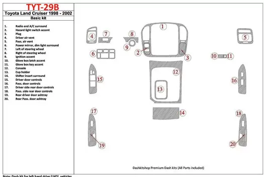 Toyota Land Cruiser 1998-2002 Basic Set, 20 Parts set Interior BD Dash Trim Kit