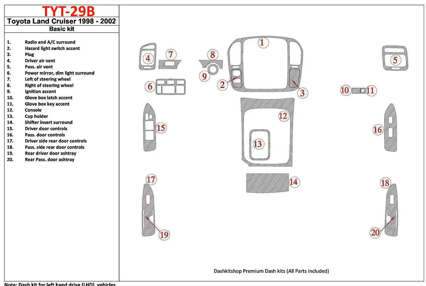 Toyota Land Cruiser 1998-2002 Basic Set, 20 Parts set BD Interieur Dashboard Bekleding Volhouder