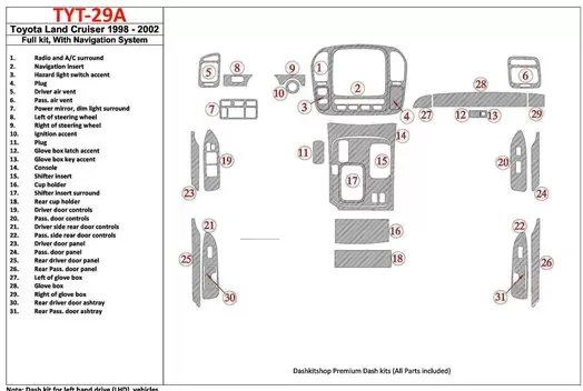 Toyota Land Cruiser 1998-2002 With NAVI, 31 Parts set BD Interieur Dashboard Bekleding Volhouder